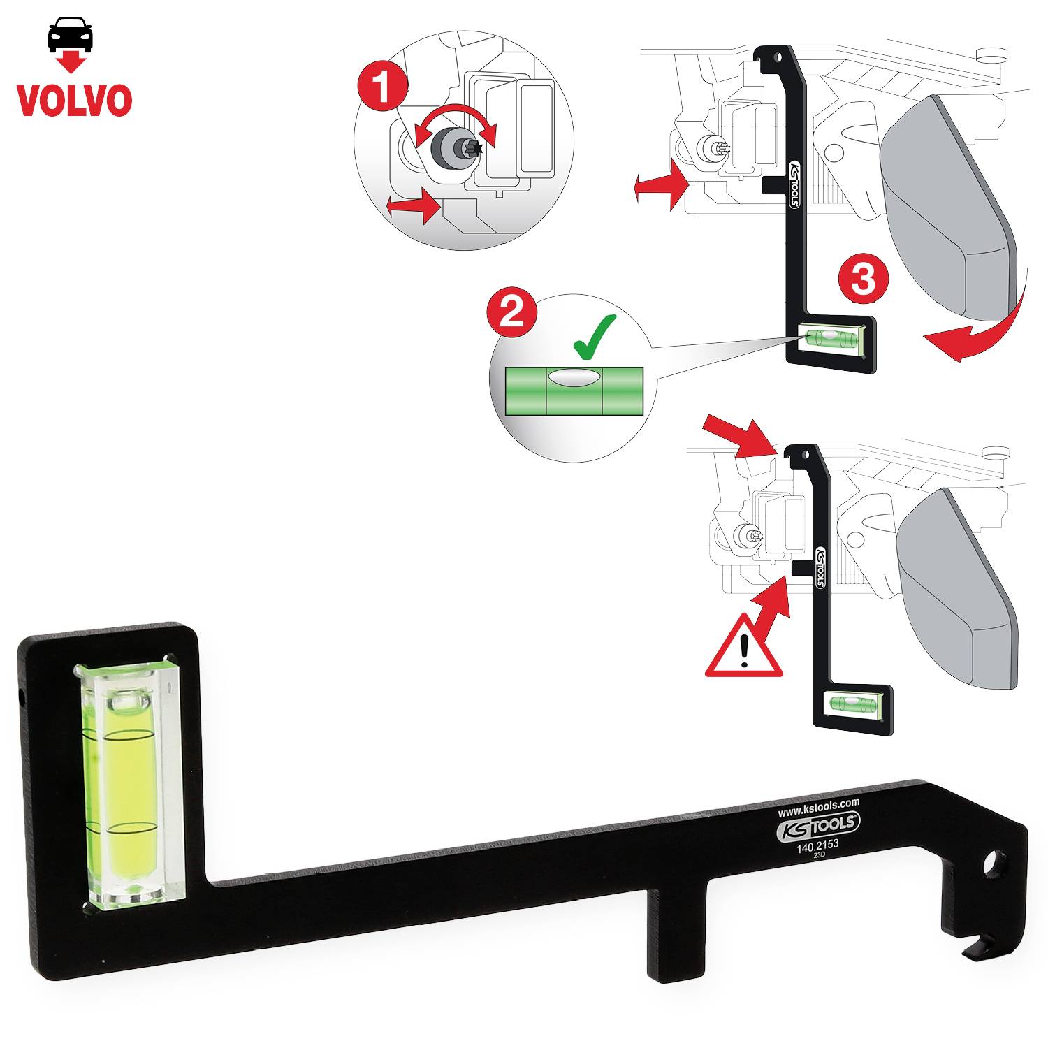 Narzędzie do poziomowania części pojazdu Volvo. Krok 1: Ustawienie pozycji; Krok 2: Sprawdzenie wypoziomowania. Narzędzie z poziomicą.