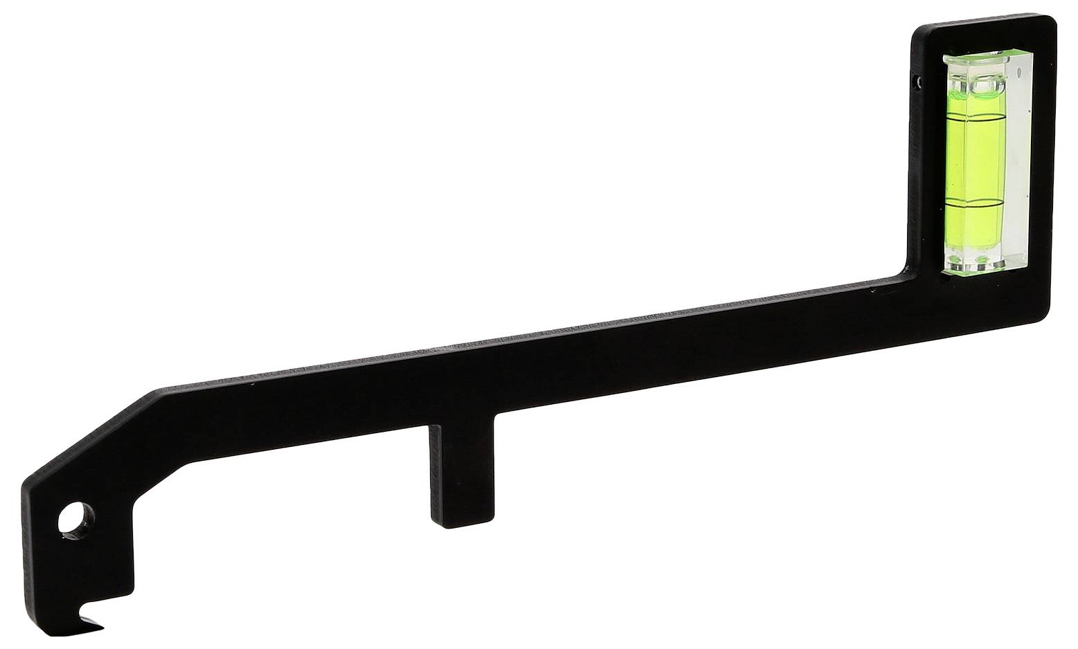 Poziomnica z metalową ramą; wskazuje poziome ustawienie.