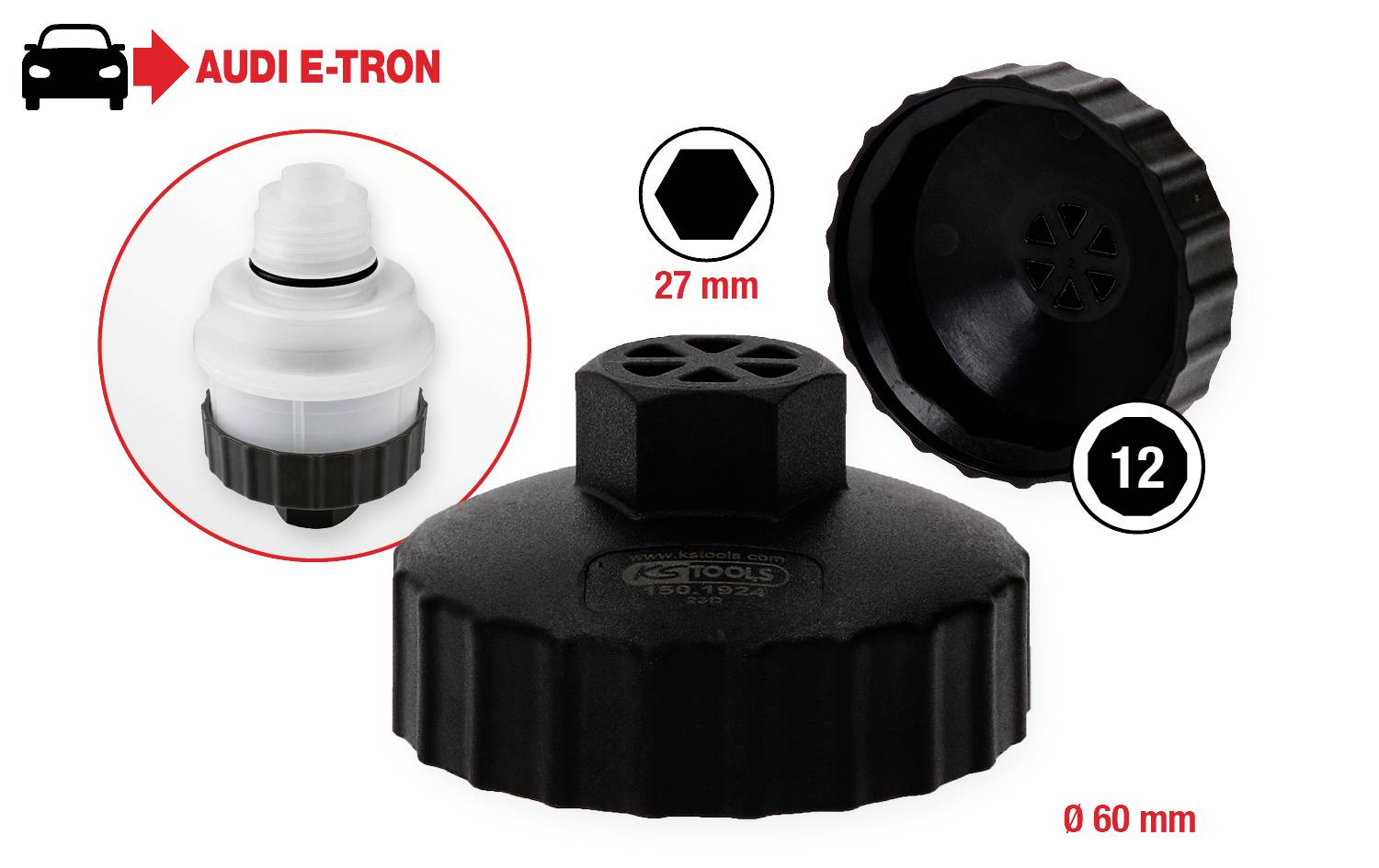 'Dwie czarne plastikowe zaślepki o kształcie sześciokąta; jedna o średnicy 27 mm, druga 60 mm. Pasujące do Audi e-tron. Symbol: Sylwetka samochodu.'