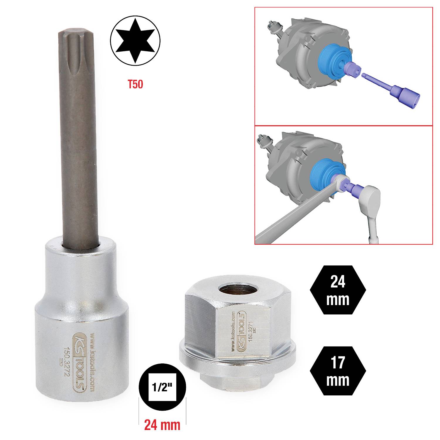 Klucz Torx T50 o rozmiarach 24 mm i 17 mm, przeznaczony do montażu i demontażu regulowanych zacisków przednich w motocyklach BMW.