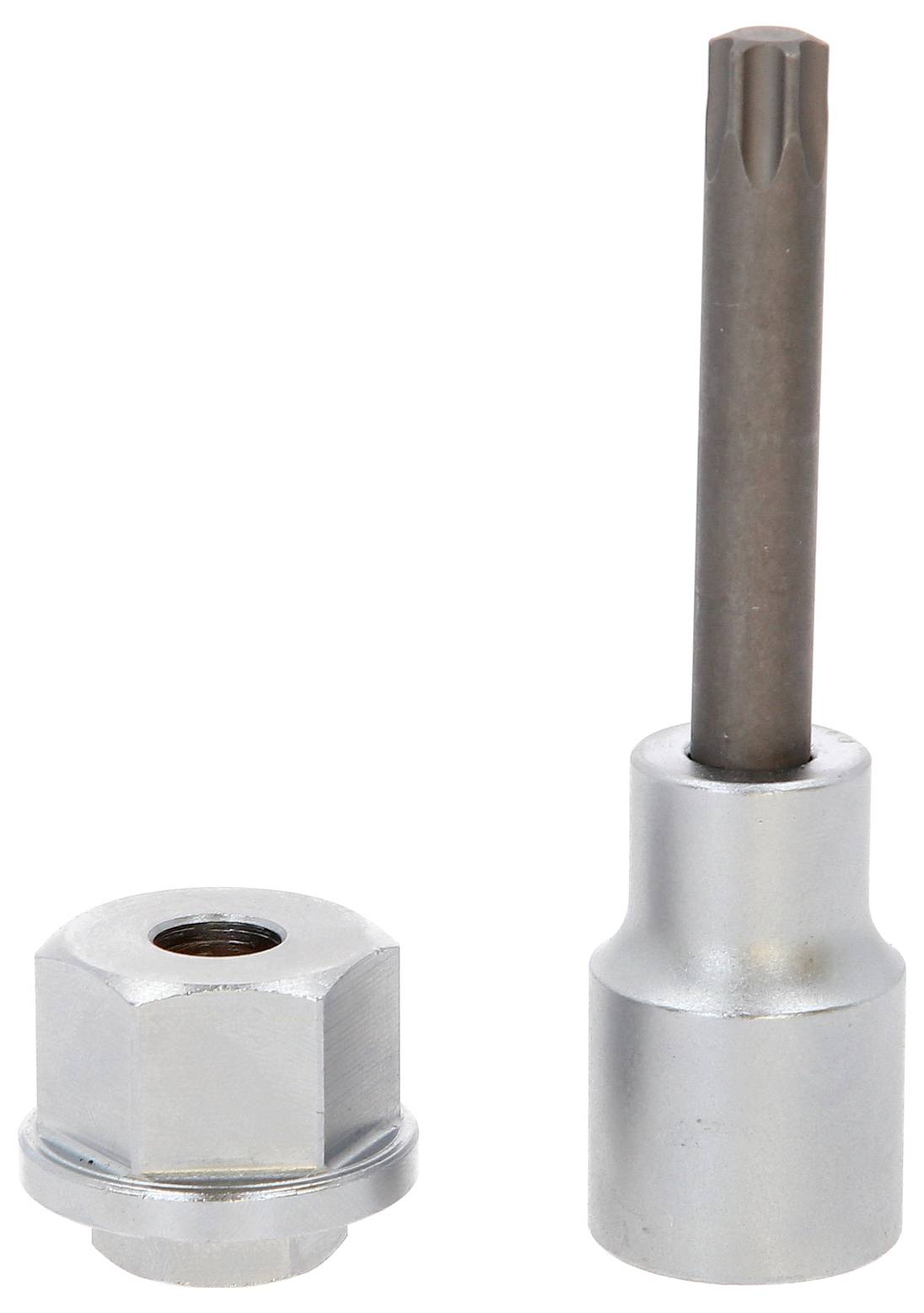 Metalowy adapter i końcówka bit, oba o kształcie cylindrycznym. Adapter posiada otwór sześciokątny, a końcówka bit ma okrągły trzpień.