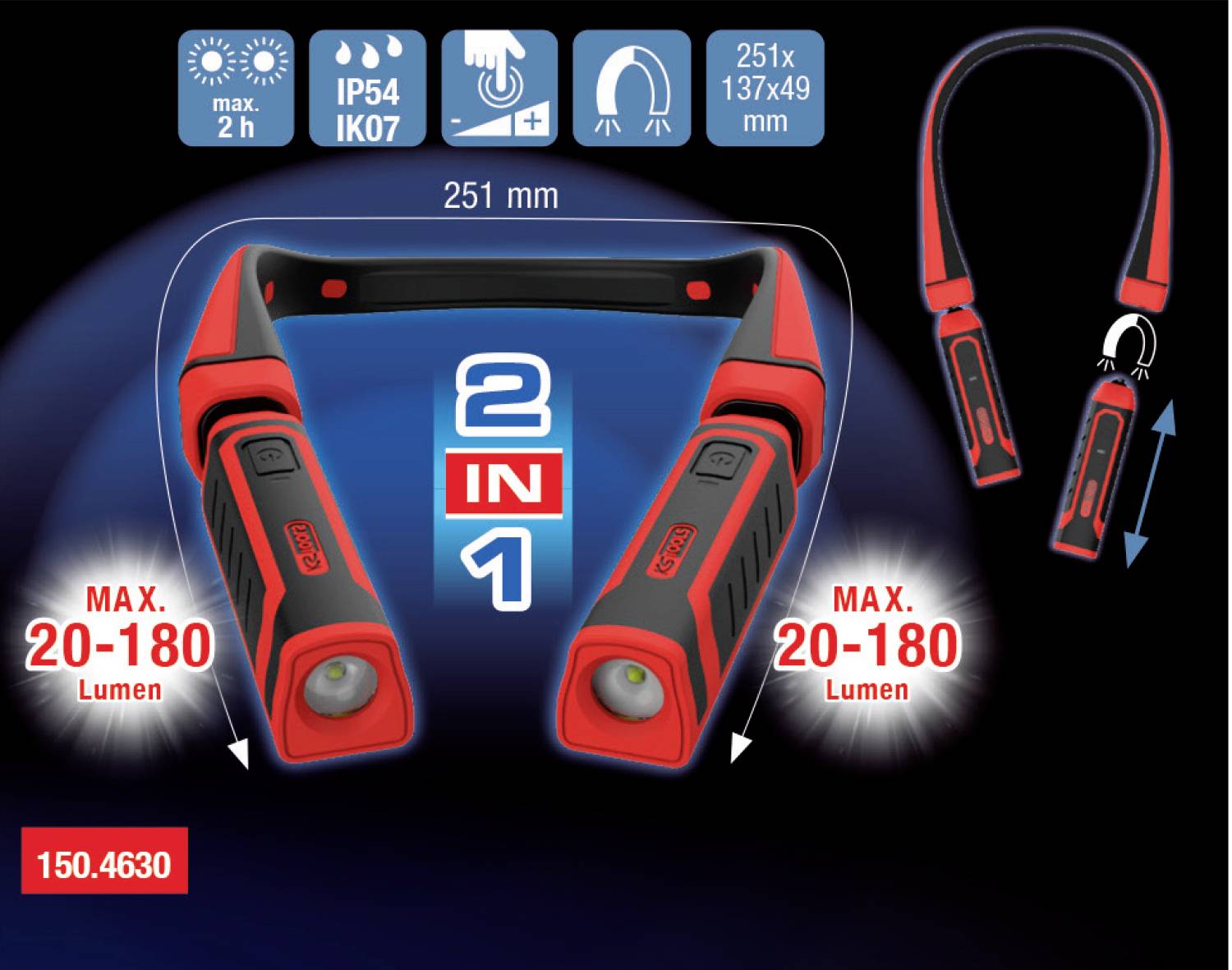 Latarka LED 2 w 1 z możliwością ładowania, maks. 180 lumenów, czas pracy do 2 godzin, klasa ochrony IP54, elastyczne możliwości zastosowania.