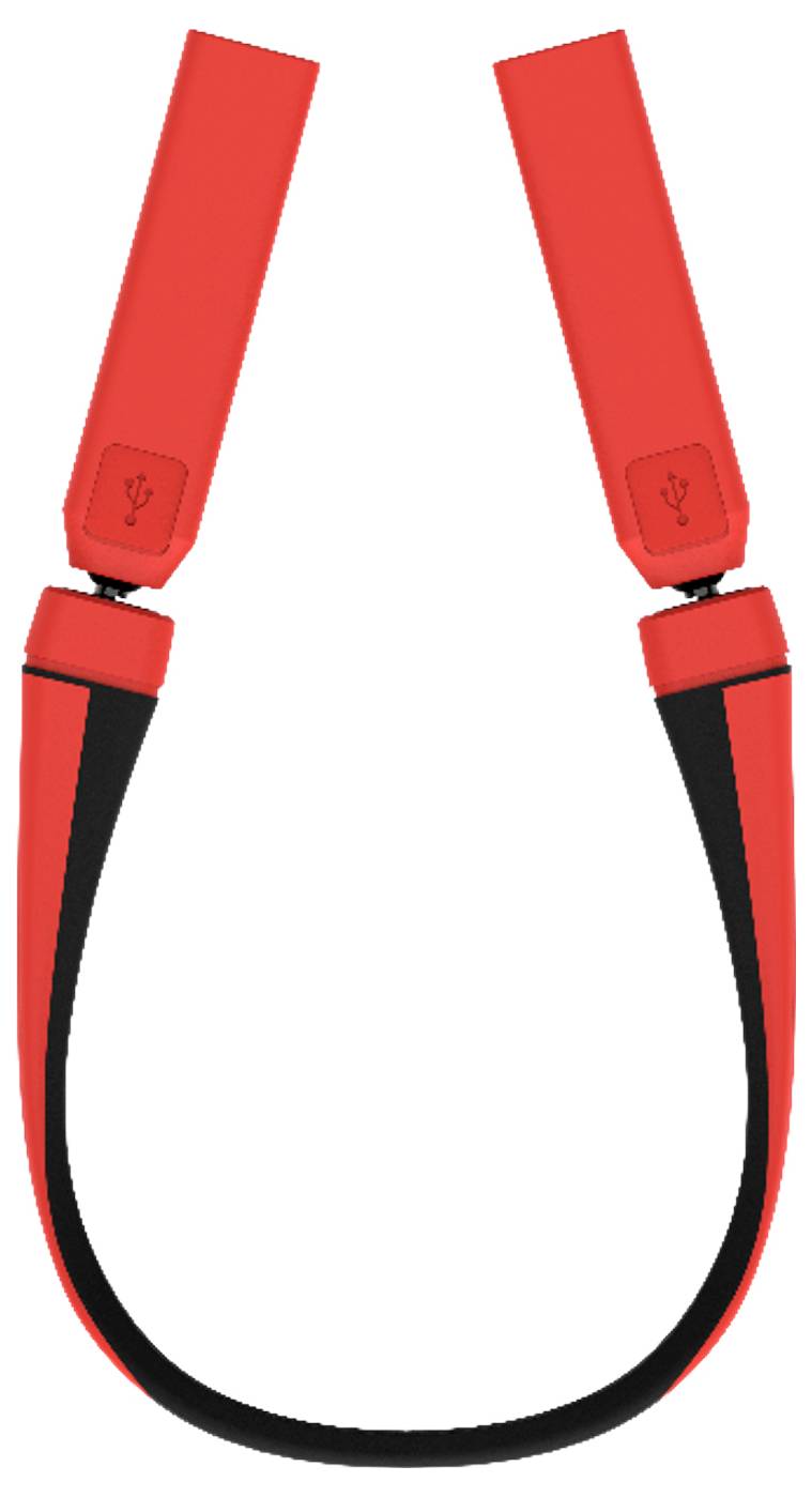 Czerwony, przenośny kabel USB do ładowania z czarnymi akcentami, przeznaczony do użytku z urządzeniami mobilnymi.