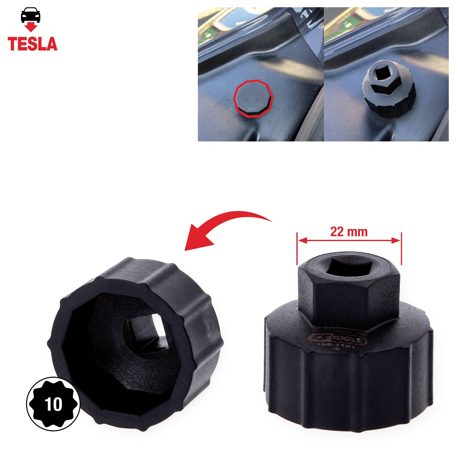 Nasadka klucza do osi mocowanej, 22 mm, do samochodów Tesla. Zawiera zdjęcia nasadki w użyciu oraz samej nasadki.