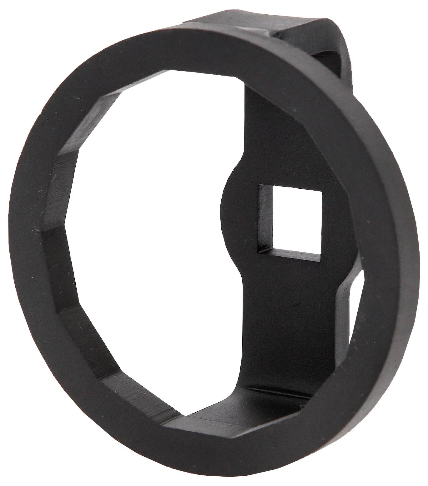 Czarny, ośmiokątny, płaski pierścień z kwadratowymi otworami, prawdopodobnie nakładka narzędziowa lub element specjalny.