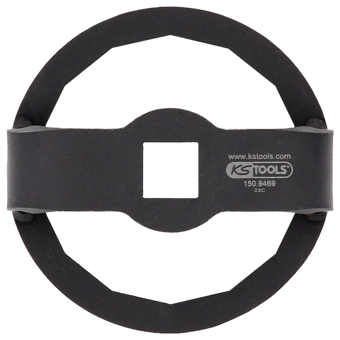 Czarny metalowy cokół narzędziowy firmy KS Tools z kwadratowym wycięciem pośrodku, odpowiedni do montażu lub demontażu.