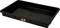 Czarna, prostokątna plastikowa taca, płaska i bez przykrycia, z etykietą na boku. Odpowiednia do przechowywania lub transportu.