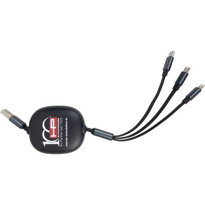 Czarny kabel USB z wieloma złączami i nadrukiem reklamowym 'Mittelstand Pro'. Odpowiedni dla różnych typów urządzeń.