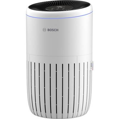 Oczyszczacz powietrza firmy Bosch w cylindrycznym kształcie, głównie białego koloru z czarnymi elementami u góry, przeznaczony do poprawy jakości powietrza w pomieszczeniu.