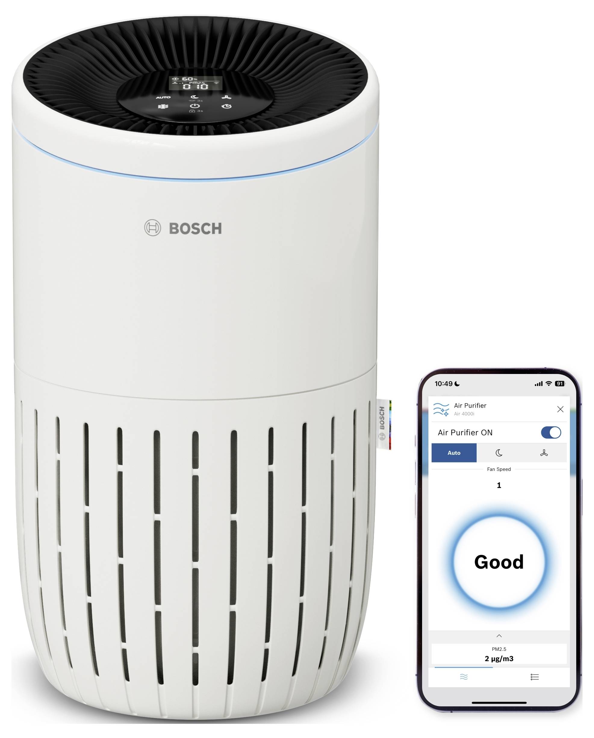 Oczyszczacz powietrza firmy Bosch z wyświetlaczem cyfrowym; przedstawia połączenie z aplikacją na smartfonie, która wskazuje jakość powietrza jako 'Dobrą'.