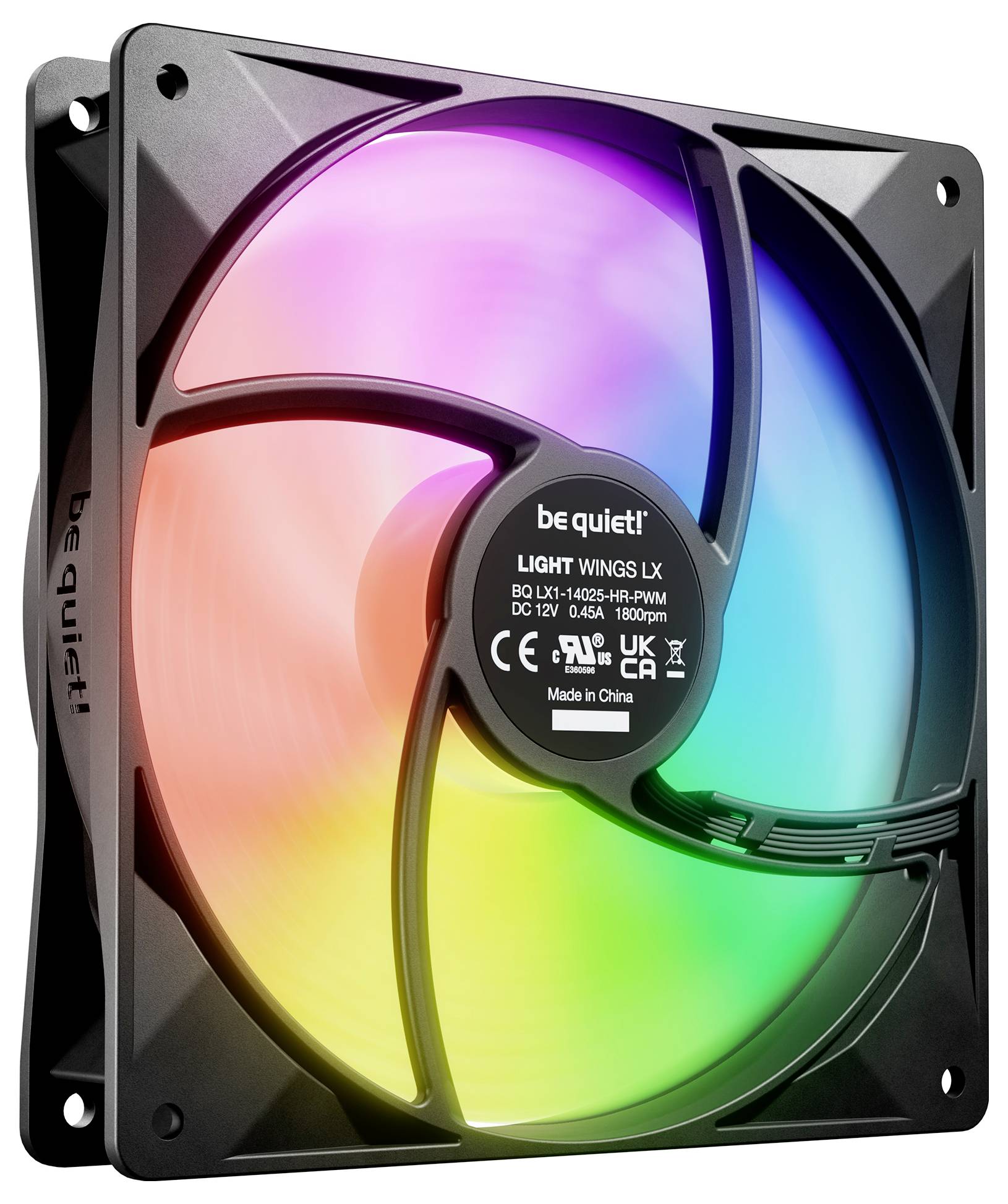 Wentylator komputerowy be quiet! z kolorowymi diodami RGB. Napis na wentylatorze: 'Light Wings LX' z specyfikacjami i certyfikatami.