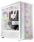 Białe obudowa komputera z przezroczystą ścianką boczną, prezentująca kolorowe wentylatory LED oraz komponenty wewnętrzne.