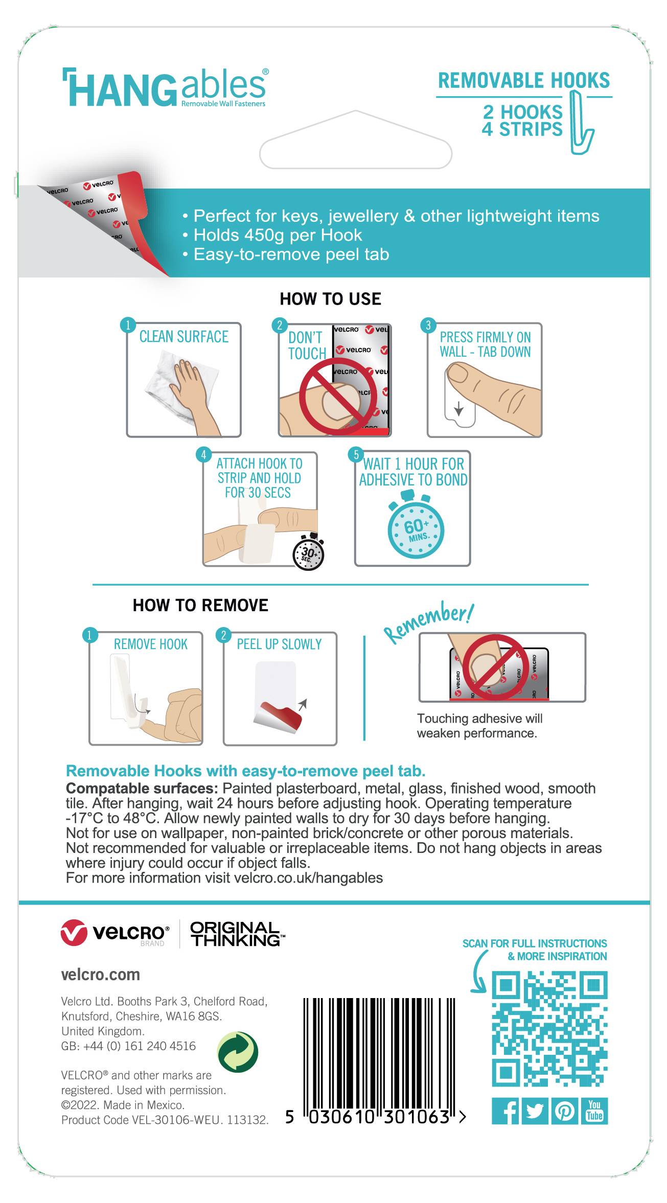 „Hangables" – zdejmowalne haczyki do lekkich przedmiotów. Instrukcja przedstawia mocowanie i usuwanie. Zawiera 2 haczyki i paski.
