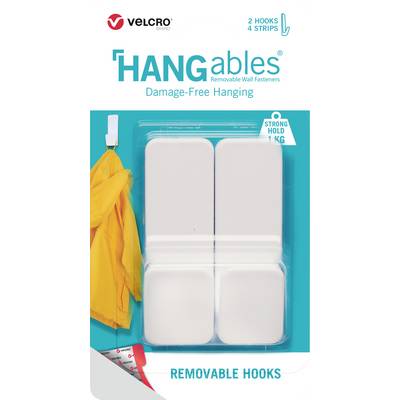 Haczyki ścienne Velcro Hangables, zdejmowalne, 2 haczyki, 4 paski, nośność 1 kg, do mocowania bez uszkadzania ściany.