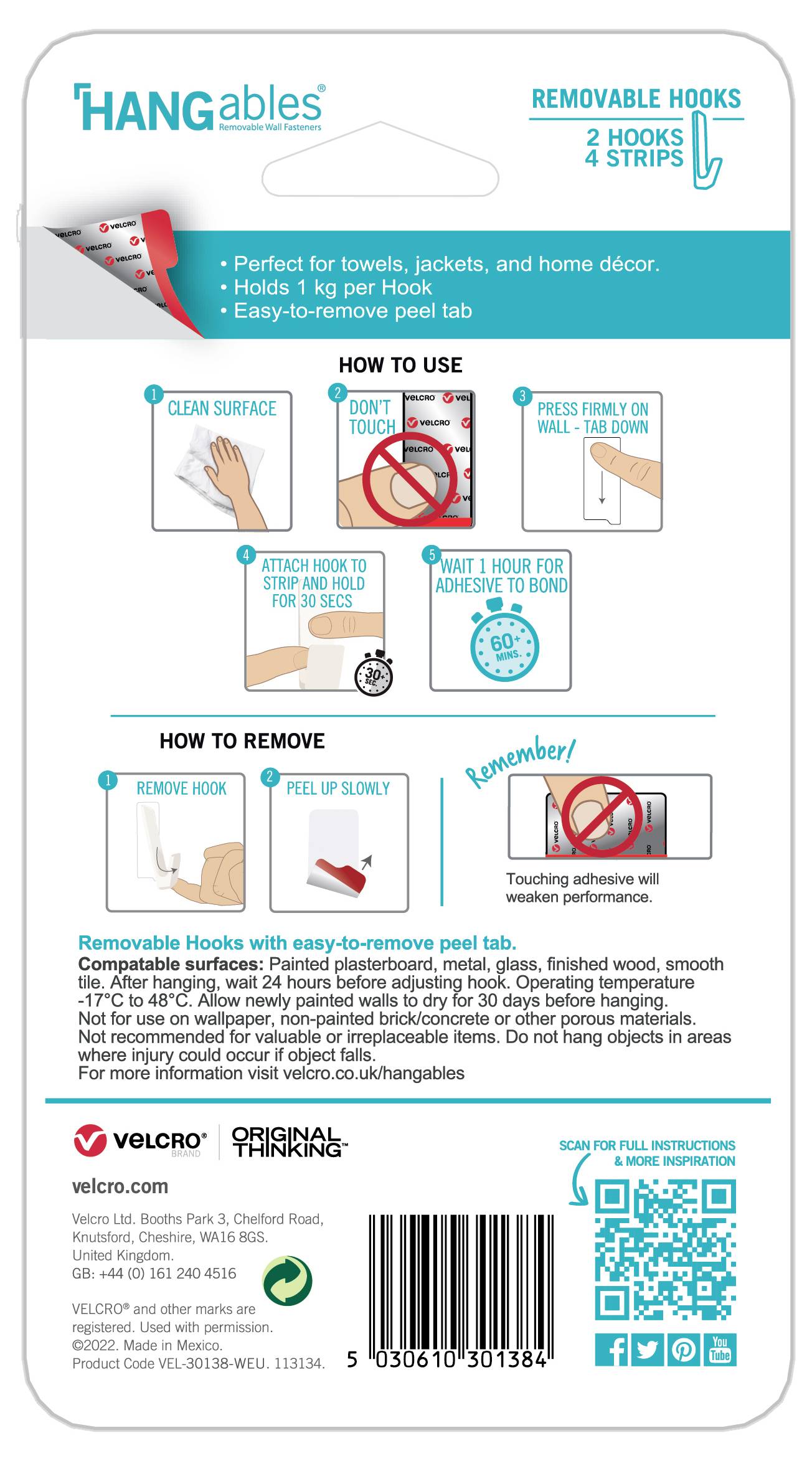 Wieszaki 'Hangables', 2 haczyki, 4 paski. Instrukcja: Wyczyść powierzchnię, usuń folię ochronną, mocno przyciśnij, poczekaj 1 godzinę. Zdejmowanie: Unieś haczyk, pociągnij pasek.