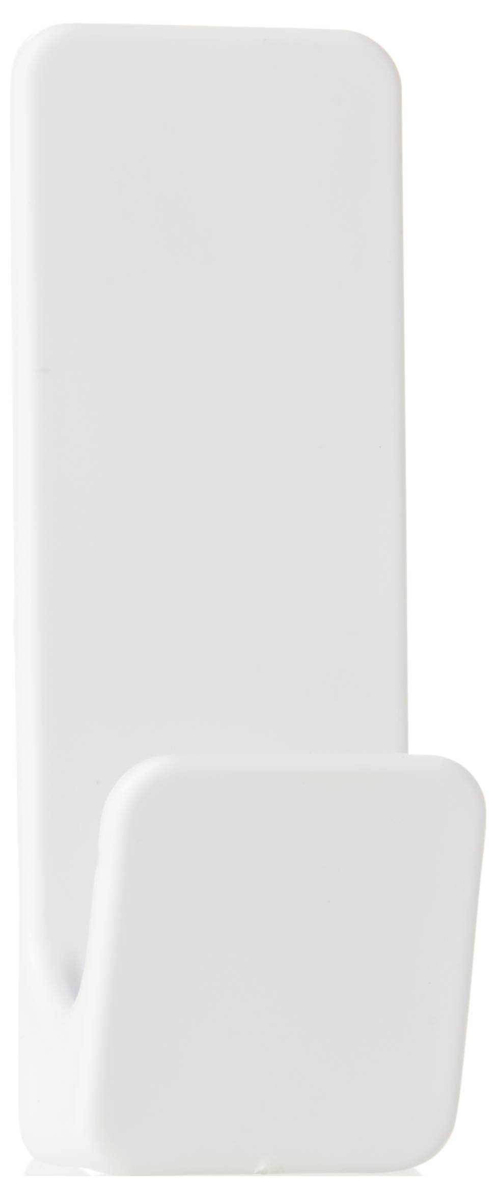 Pojedynczy biały haczyk z tworzywa sztucznego, o prostokątnym kształcie, do montażu ściennego, odpowiedni do zawieszania lekkich przedmiotów.