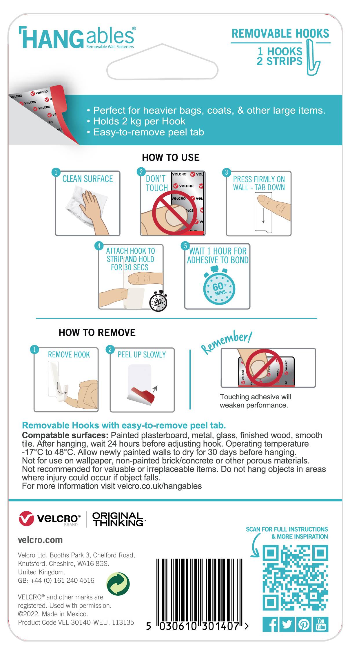 Opakowanie dla 'HANGables' zdejmowane haczyki i paski. Instrukcja użycia: Wyczyść powierzchnię, mocno przyciśnij, obciąż po 1 godzinie. Usuwanie: Zdejmij haczyk i odklej paski.