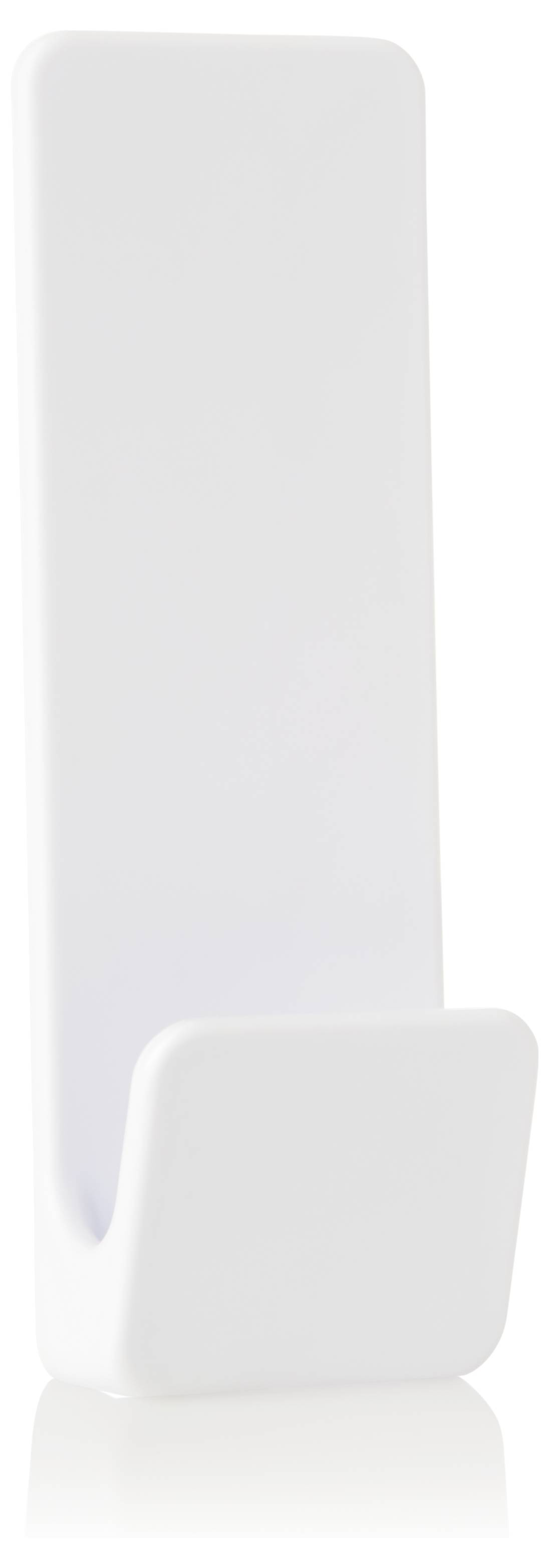 Biały plastikowy hak ścienny, przeznaczony do zawieszania przedmiotów takich jak ubrania lub torby.