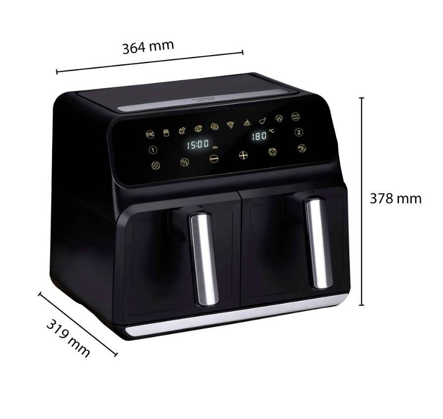 Czarna frytownica beztłuszczowa z cyfrowymi elementami sterującymi, dwoma uchwytami o wymiarach: szerokość 364 mm, wysokość 378 mm, głębokość 319 mm.