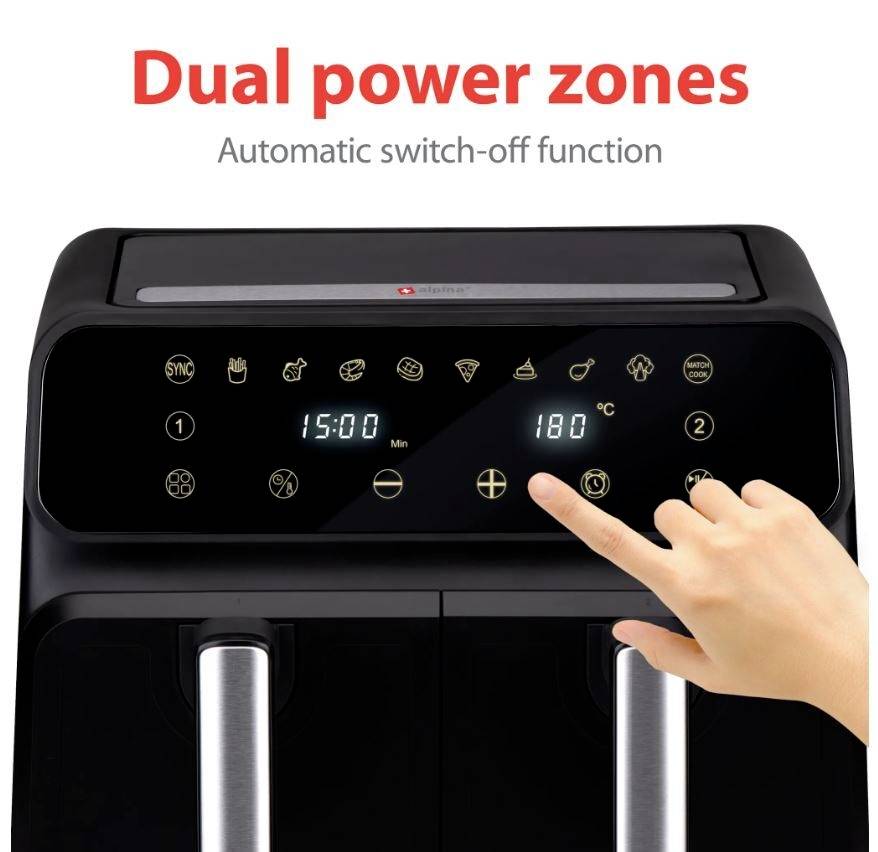 Ręka ustawia parametry temperatury na urządzeniu z wyświetlaczem cyfrowym. Podwójne strefy mocy; funkcja automatycznego wyłączania.