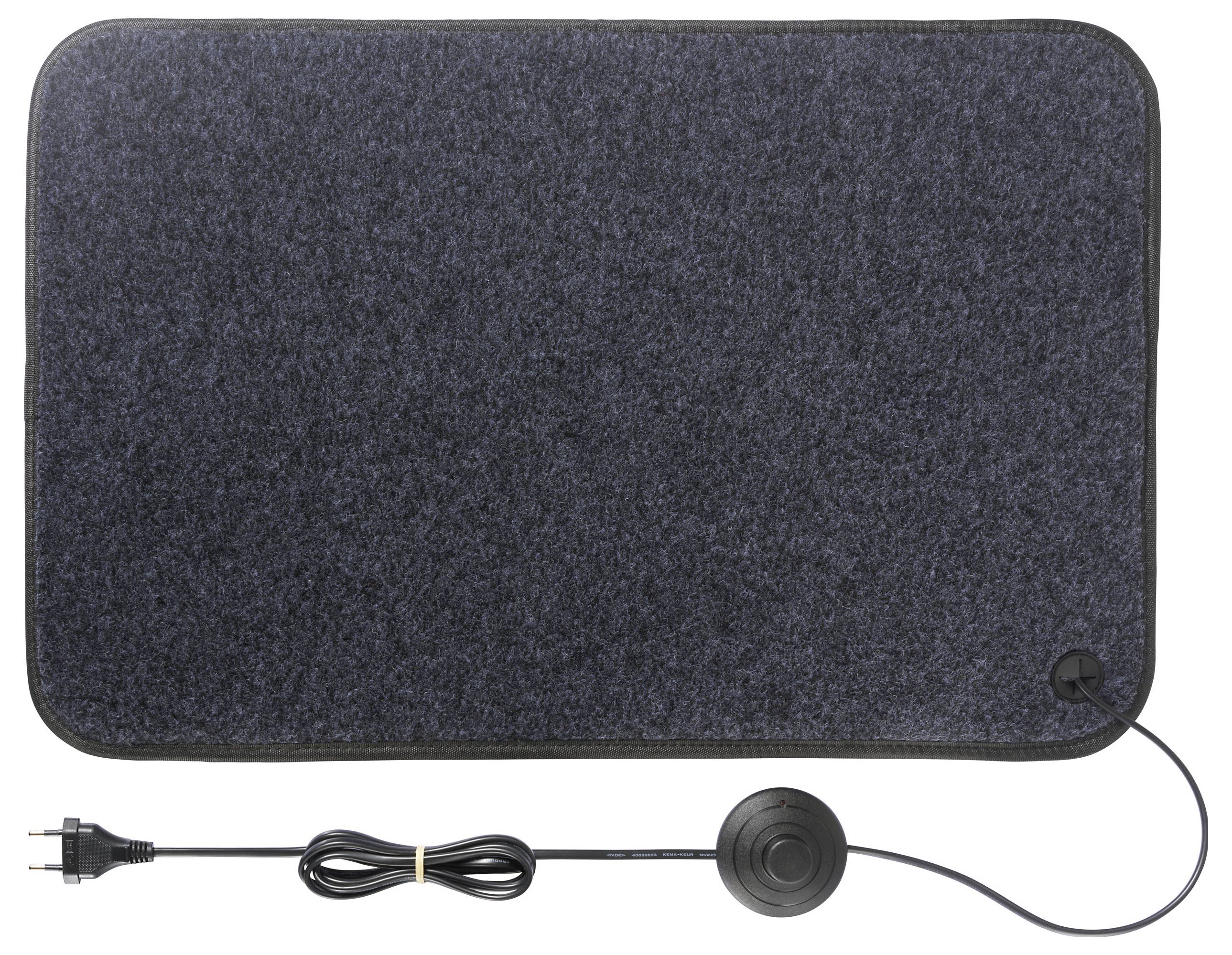 Przedstawiono prostokątną, ciemnoszarą matę grzewczą z podłączonym przewodem zasilającym i przełącznikiem sterowania, przeznaczoną do zapewnienia ciepła na podłogach.