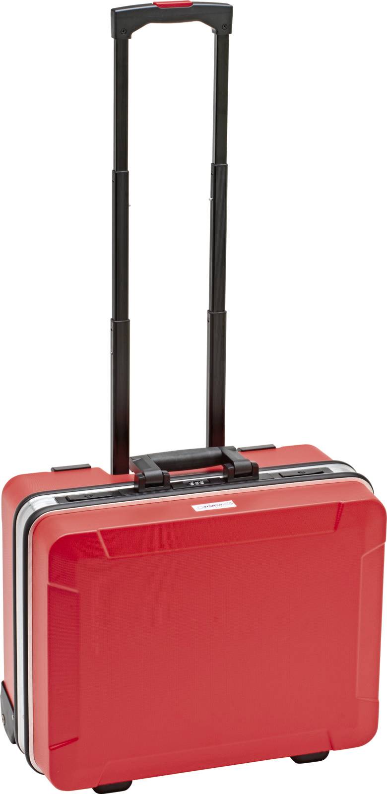 Czerwona walizka podróżna z wysuwaną rączką. Walizka stoi pionowo i posiada czarne oraz srebrne elementy.