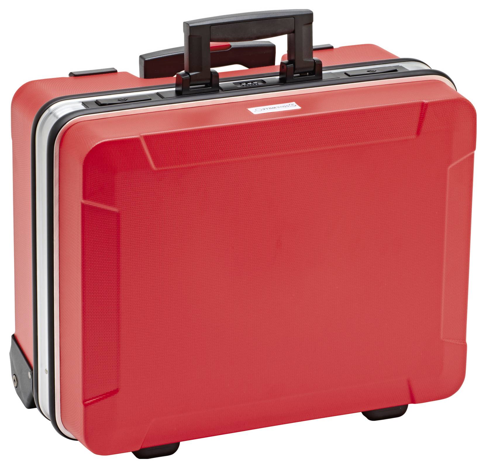 Czerwona walizka z twardej skorupy z uchwytem i kółkami. Idealna do transportu narzędzi lub sprzętu technicznego.