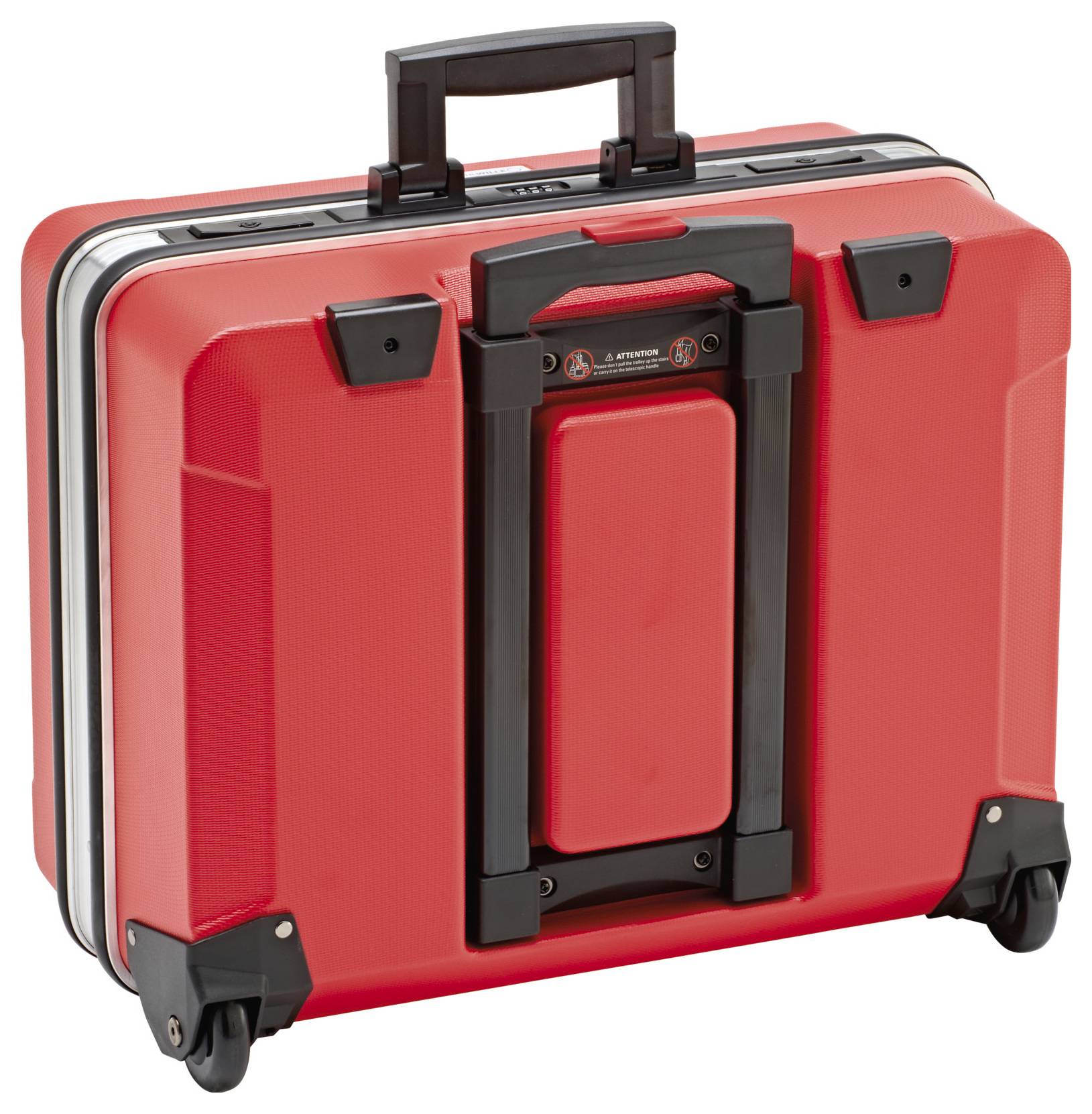 Czerwona twarda walizka na czterech kółkach z wysuwaną rączką. Idealna do podróży lub celów biznesowych.
