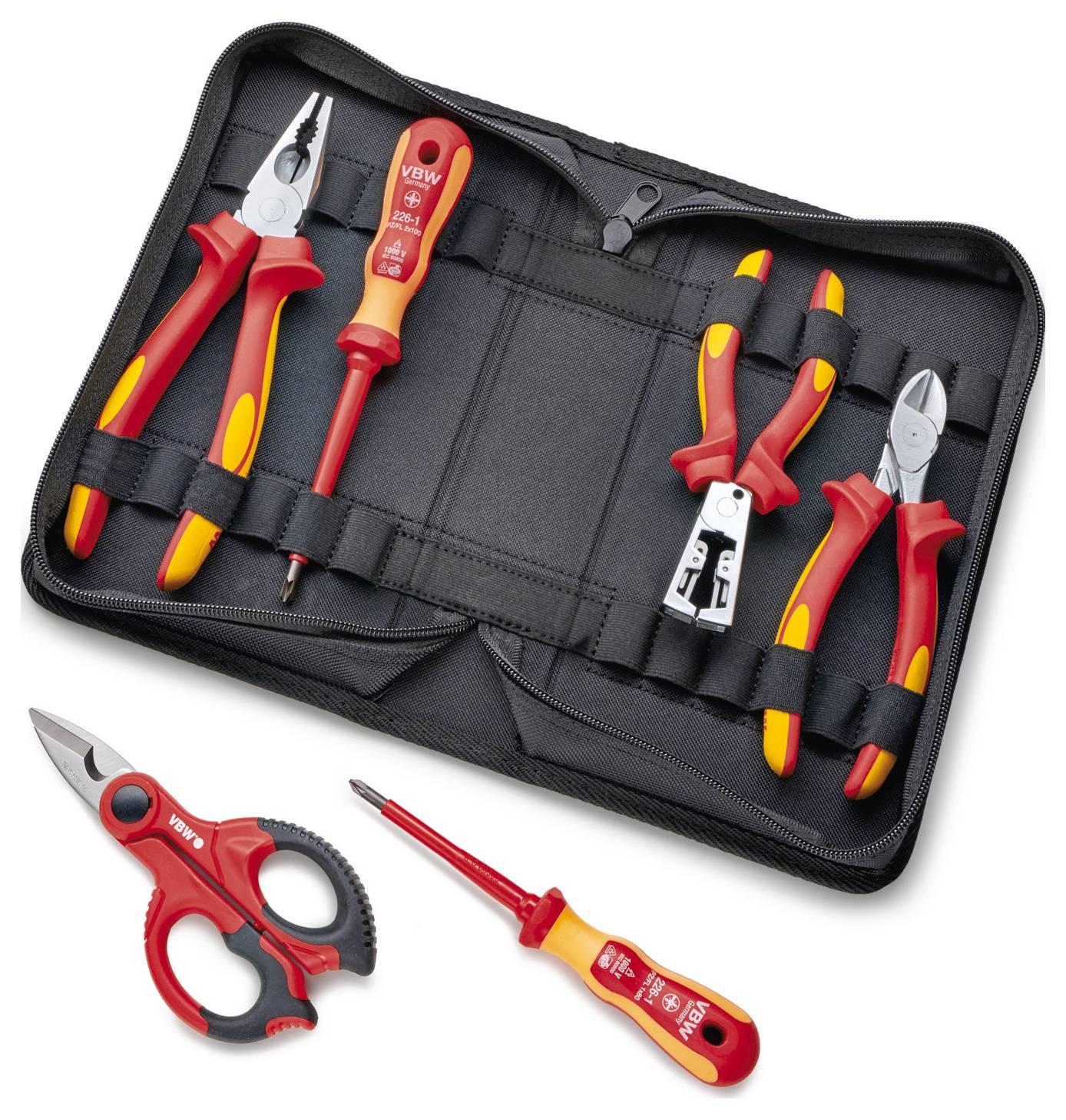 Zestaw narzędzi z izolowanymi uchwytami: Zawiera szczypce, śrubokręty i szczypce do ściągania izolacji, idealny do bezpiecznych prac elektrycznych.