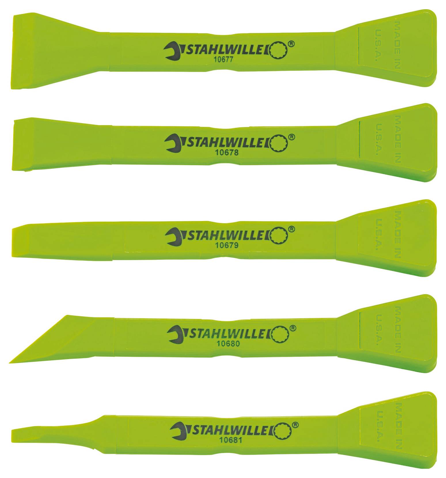 Pięć zielonych klinów z tworzywa sztucznego marki STAHLWILLE, o różnych kształtach, przeznaczonych do montażu i demontażu elementów wykończeniowych w branży motoryzacyjnej.