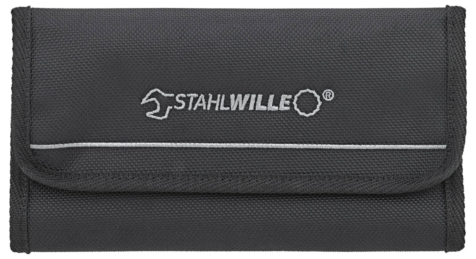 Czarna, składana torba z nadrukiem 'Stahlwille' i logo na przedniej stronie.