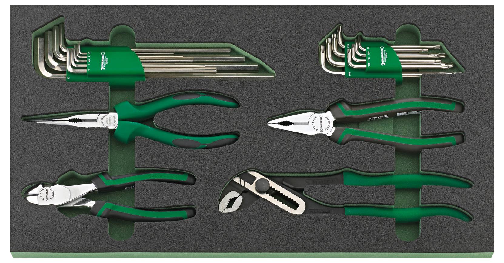 Zestaw narzędzi z różnymi zielonymi kluczami sześciokątnymi, szczypcami i chwytakami ułożonymi w wyściółce z pianki.