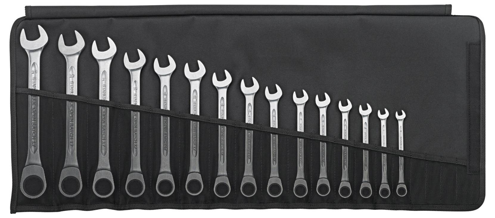 Zestaw kluczy płaskich w różnych rozmiarach, starannie ułożonych w czarnym pokrowcu materiałowym.