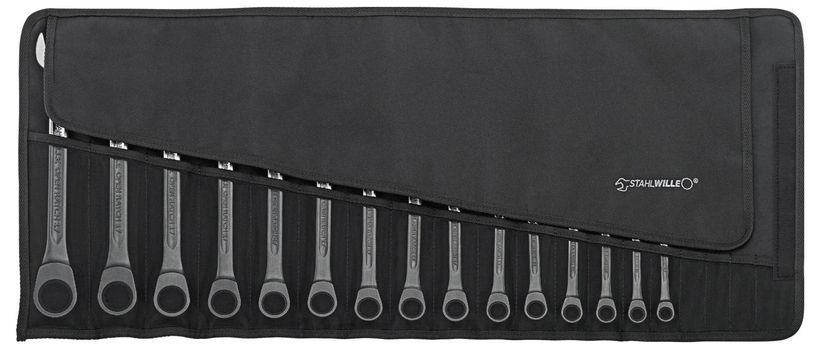 Zestaw dwunastu kluczy płaskich w czarnej torbie narzędziowej.