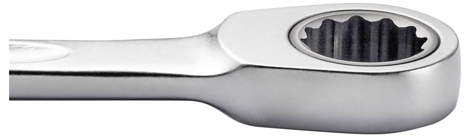 Srebrny klucz szczękowy z okrągłą, uzębioną głowicą w zbliżeniu. Narzędzie do mocowania śrub i nakrętek.