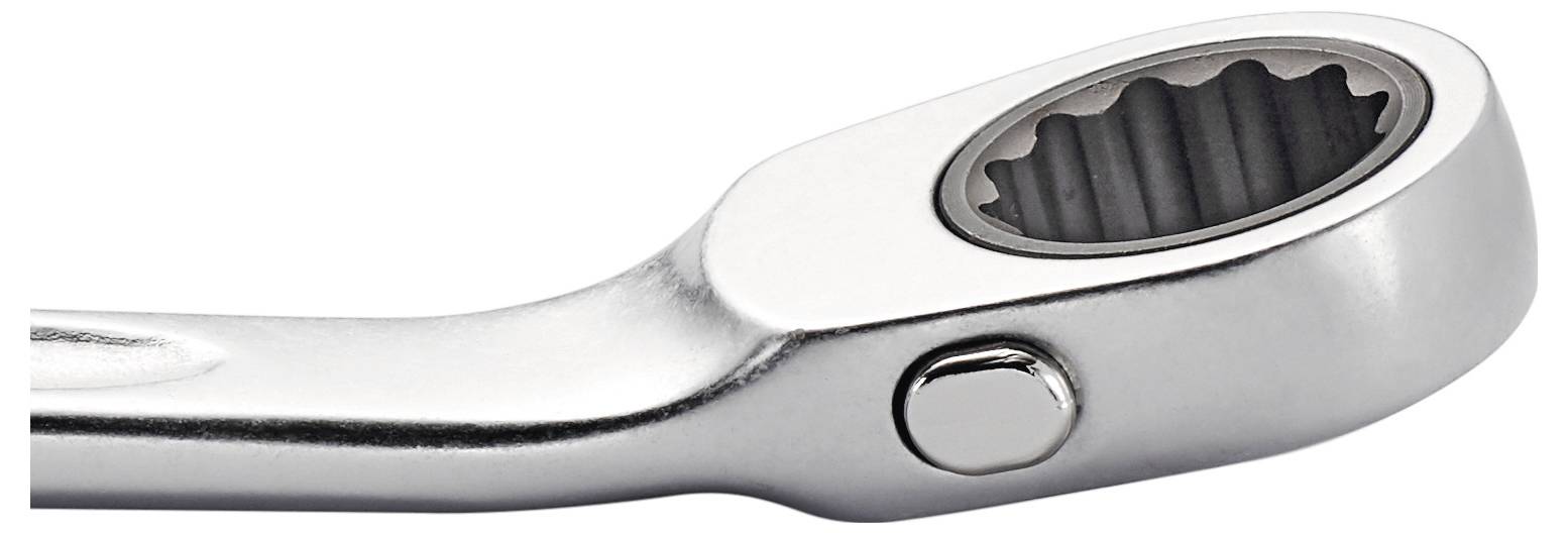 Klucz pierścieniowy, srebrny, z prążkowanym wnętrzem do chwytania śrub lub nakrętek.