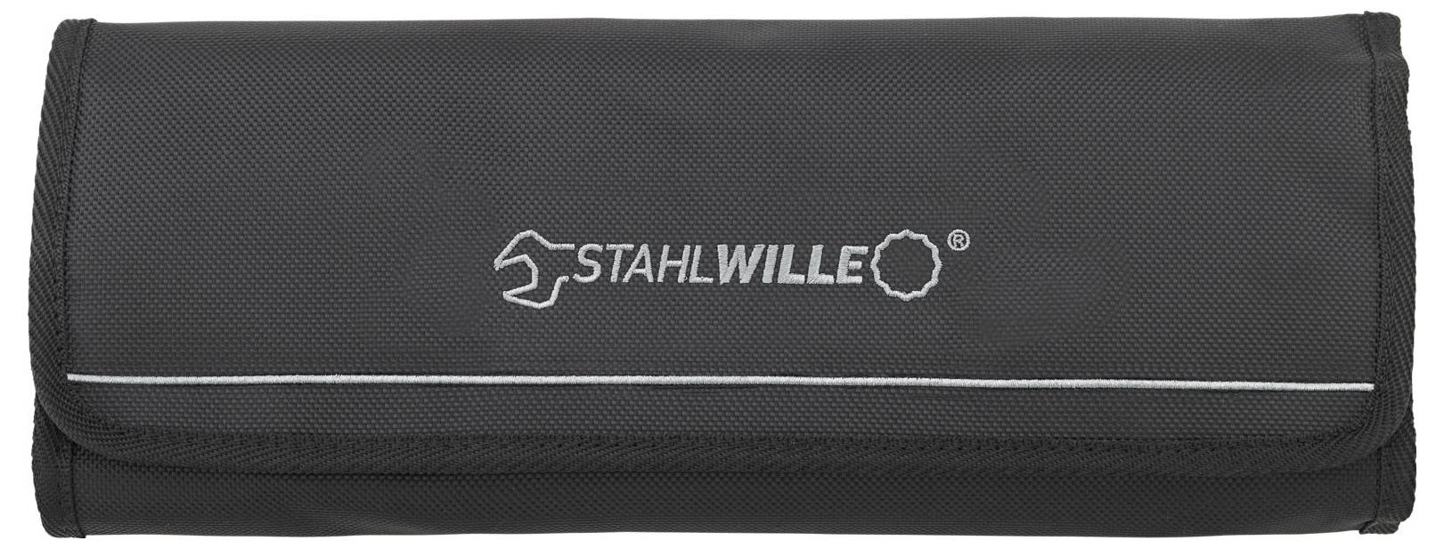 Czarna torba na narzędzia z rolką, z nadrukiem 'STAHLWILLE' i logo przedstawiającym klucz płaski.