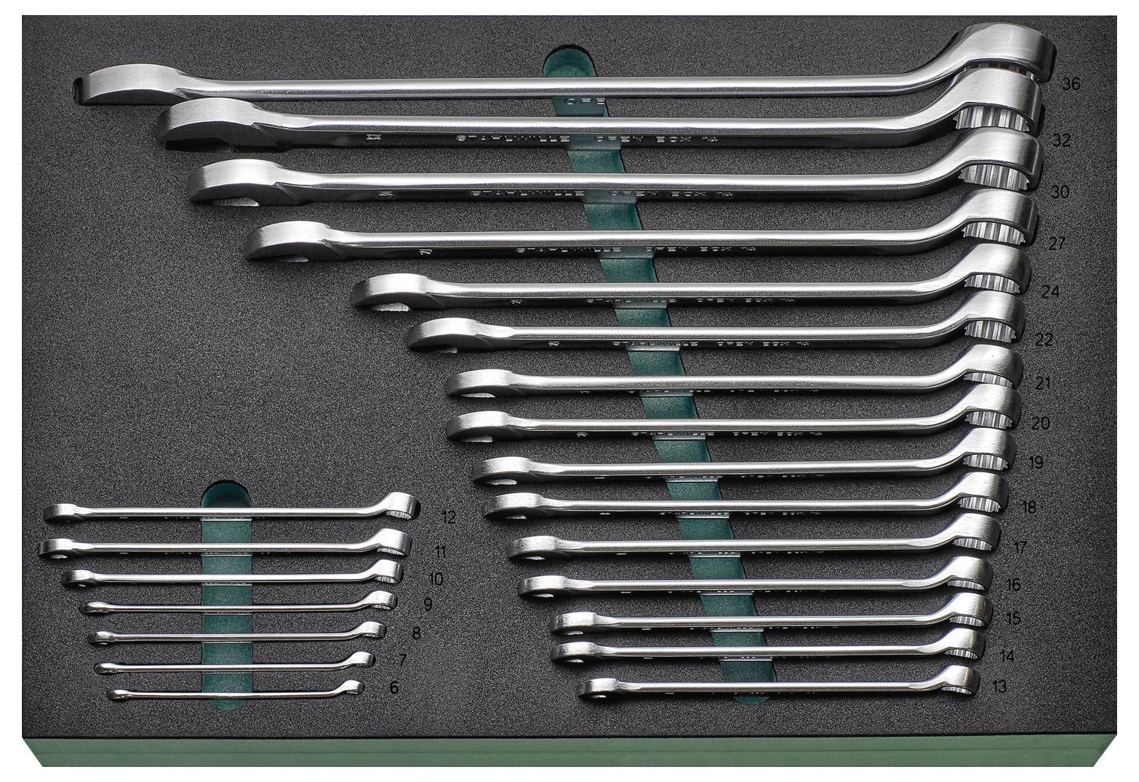 Zestaw kluczy płasko-oczkowych w różnych rozmiarach, starannie ułożonych na wkładce z pianki. Rozmiary od 6 do 32.