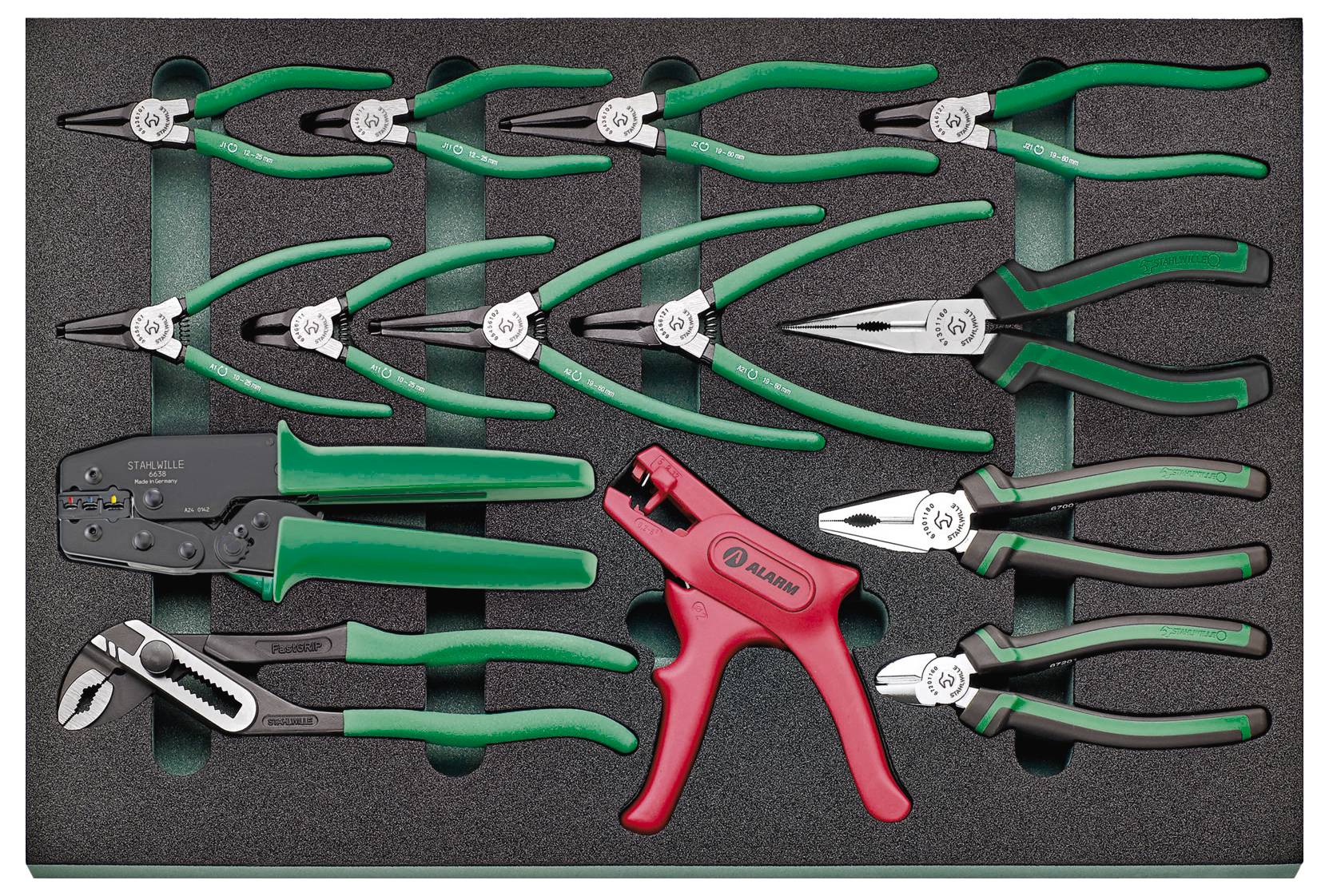 Zestaw narzędzi ręcznych składa się z różnych szczypiec i narzędzia do drutu, starannie ułożonych w czarnej wkładce piankowej.