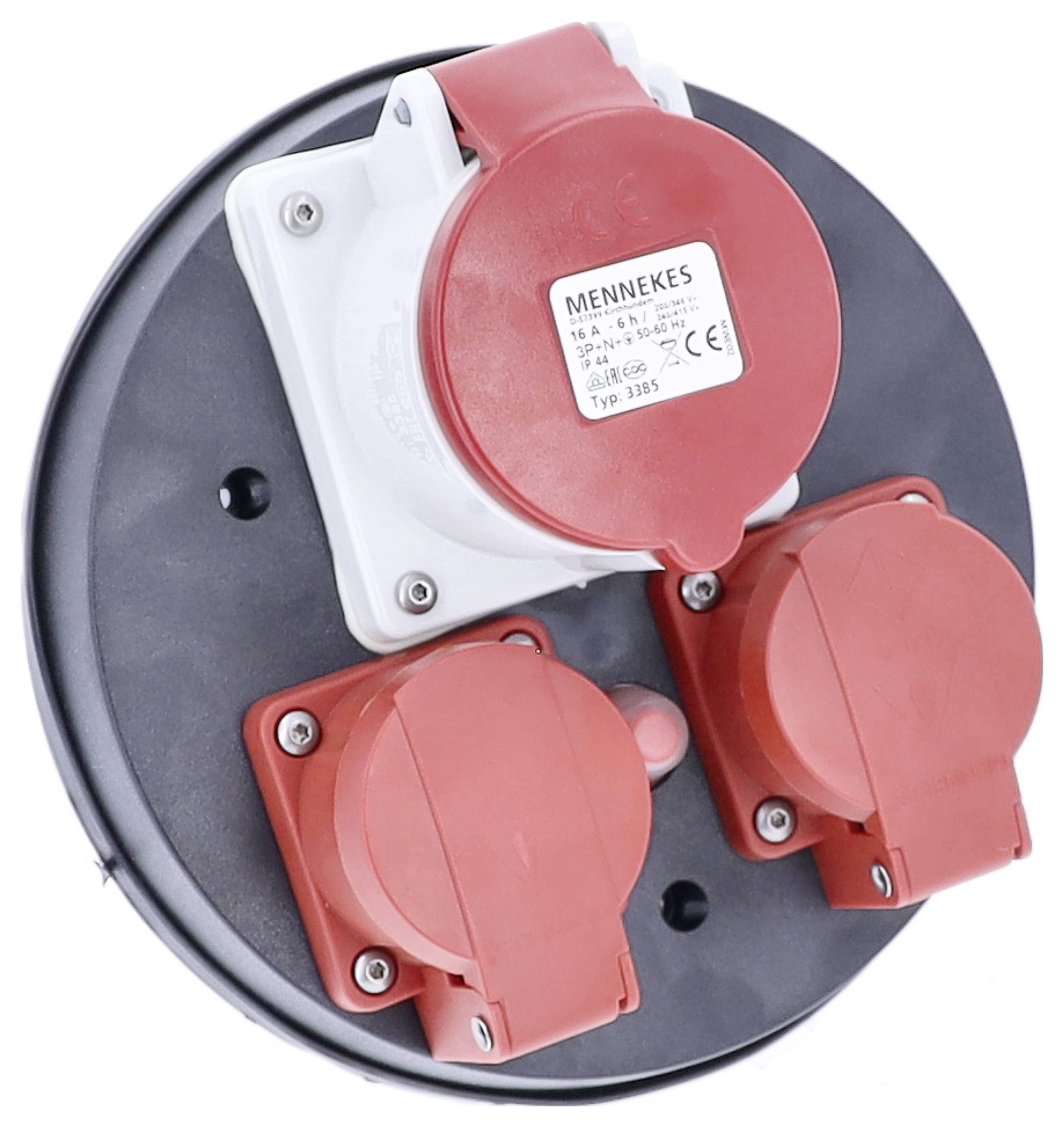 Trzyelementowa, czerwono-czarna przemysłowa listwa zasilająca firmy Mennekes, przystosowana do zastosowań przemysłowych.