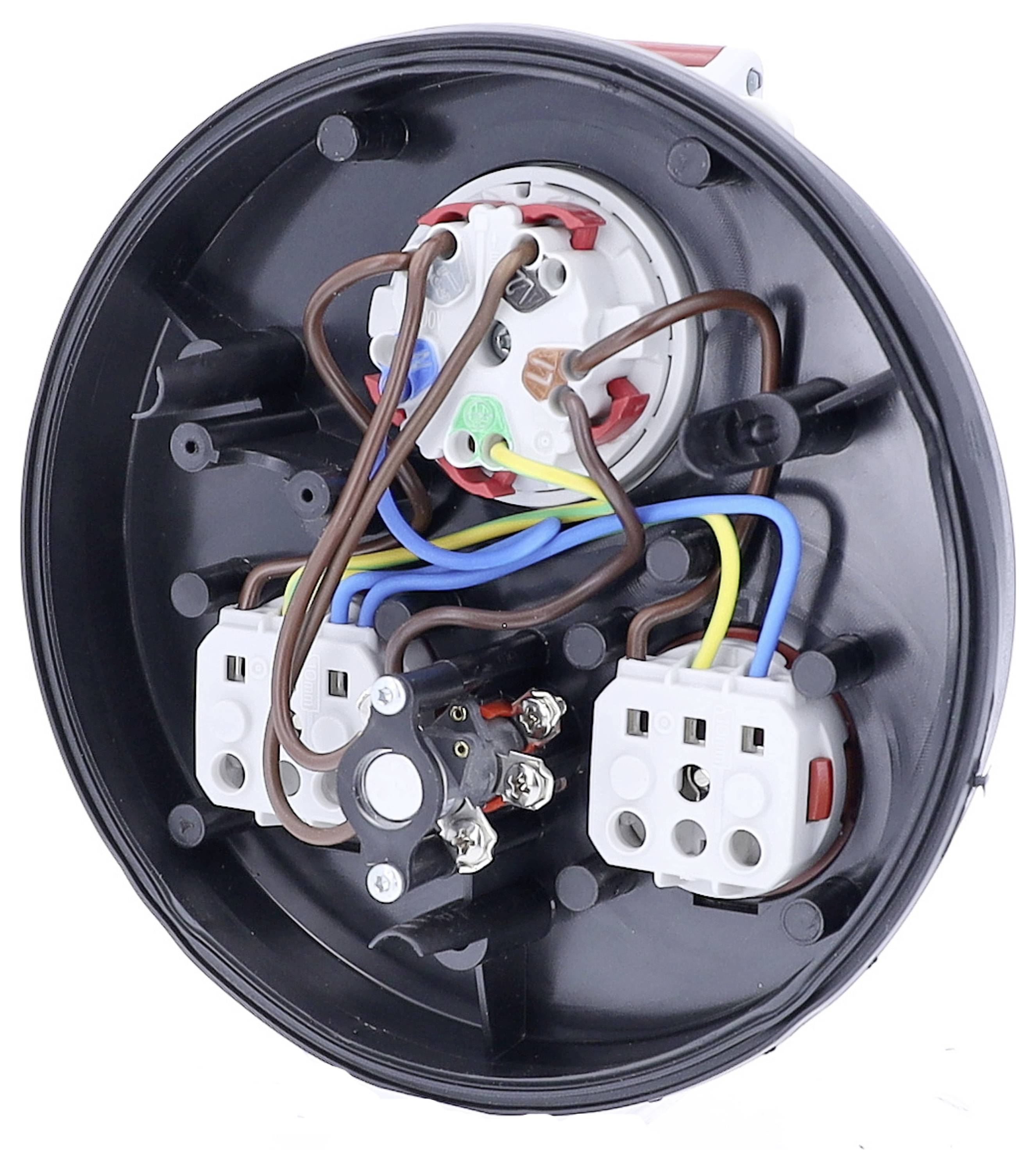 Elektryczne połączenie kablowe z kolorowymi przewodami, złączkami wtyczkowymi i obudową okrągłego kształtu.