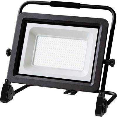 Duży reflektor LED na regulowanym statywie, odpowiedni do projektów zewnętrznych lub budowlanych. Prostokątna konstrukcja z licznymi diodami LED.