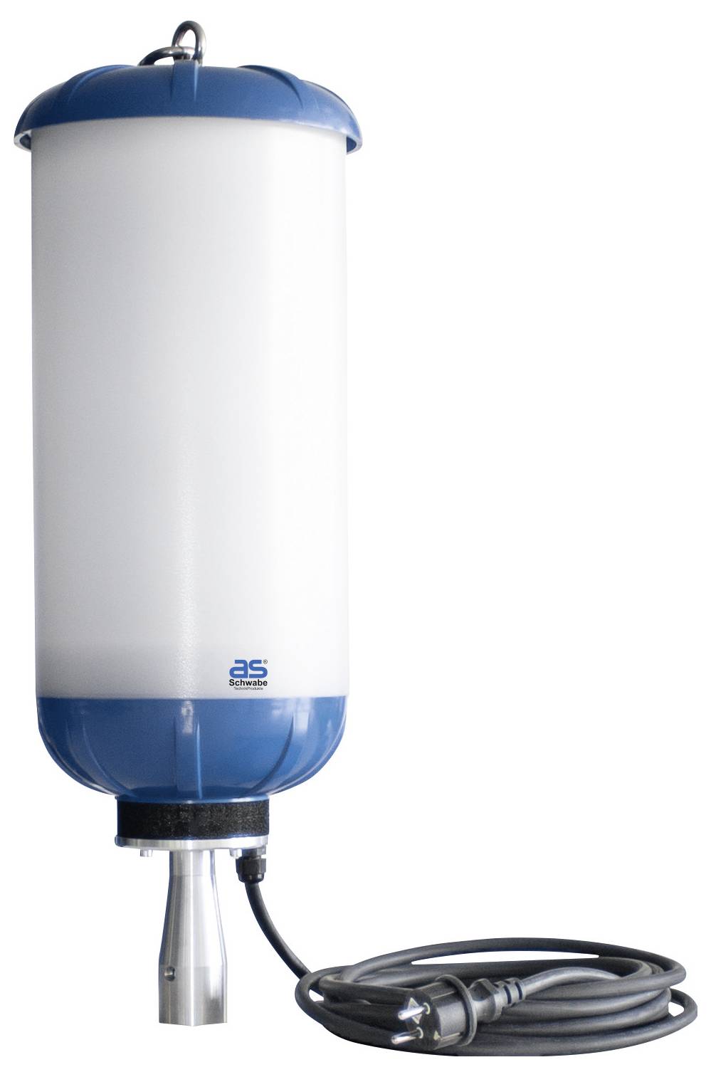 Długi cylindryczny czujnik z obudową w kolorze niebieskim i białym, złącze kablowe od dołu. Stosowany do precyzyjnych pomiarów.