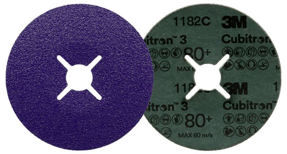 Zestaw tarcz szlifierskich: Jedna tarcza fioletowa i jedna zielona. Na zielonej tarczy widnieje napis '1182C 3M Cubitron 80+'.