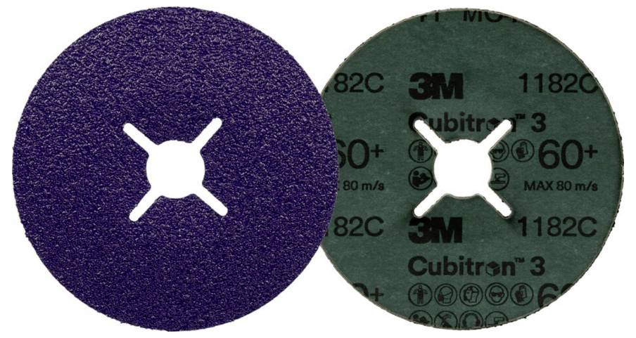 Dwie tarcze ścierne firmy 3M: po lewej stronie fioletowa o chropowatej powierzchni, po prawej zielona z napisem '3M Cubitron 3', ziarnistość 60+.