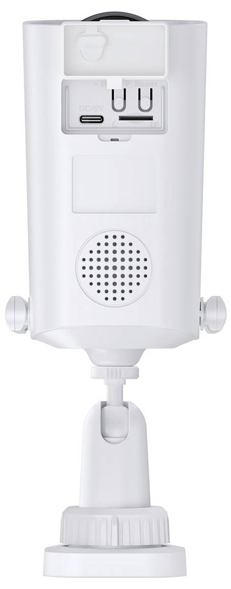 Biała kamera bezpieczeństwa z osłoną obiektywu, kratką głośnika, złączem USB-C i dwoma portami USB z tyłu.