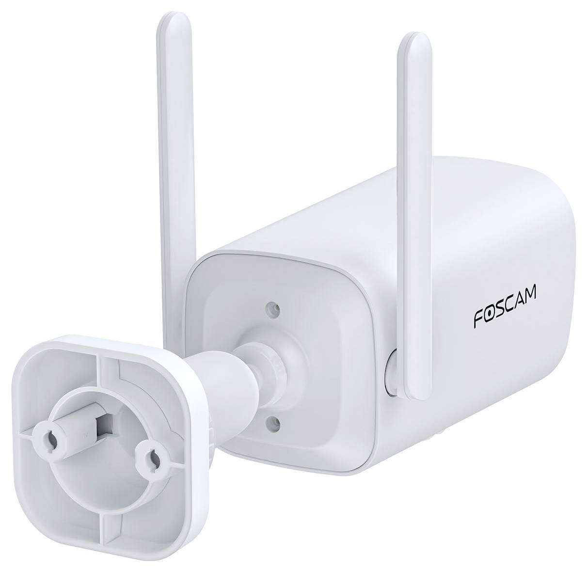 Biała kamera monitoringu, widziana z boku, z dwiema antenami i mocowaniem ściennym, na którym widnieje napis 'Foscam'.
