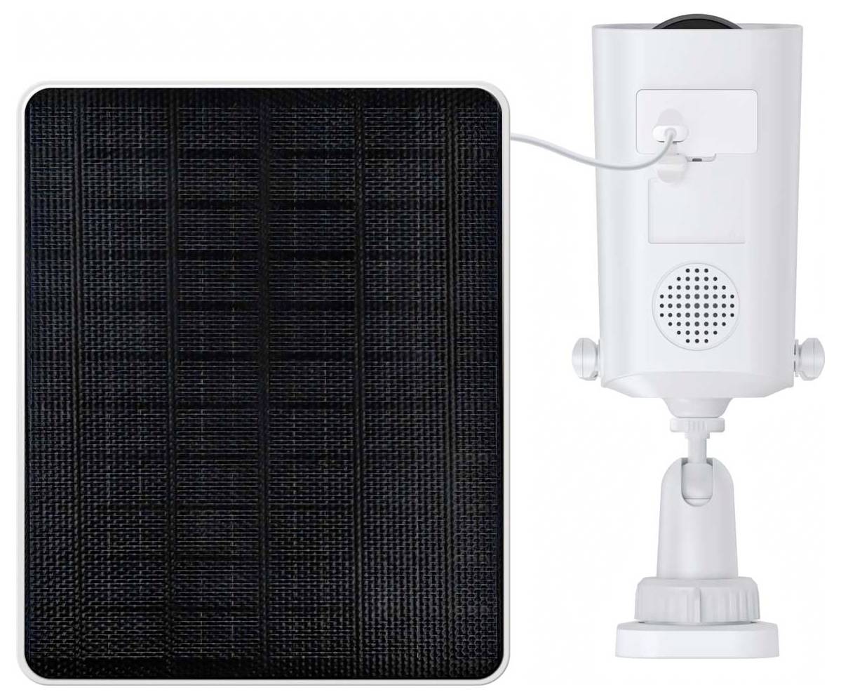 Solarny system monitorujący z kwadratowym panelem słonecznym i kamerą. Kamera przedstawia oprawę obiektywu i głośnik.