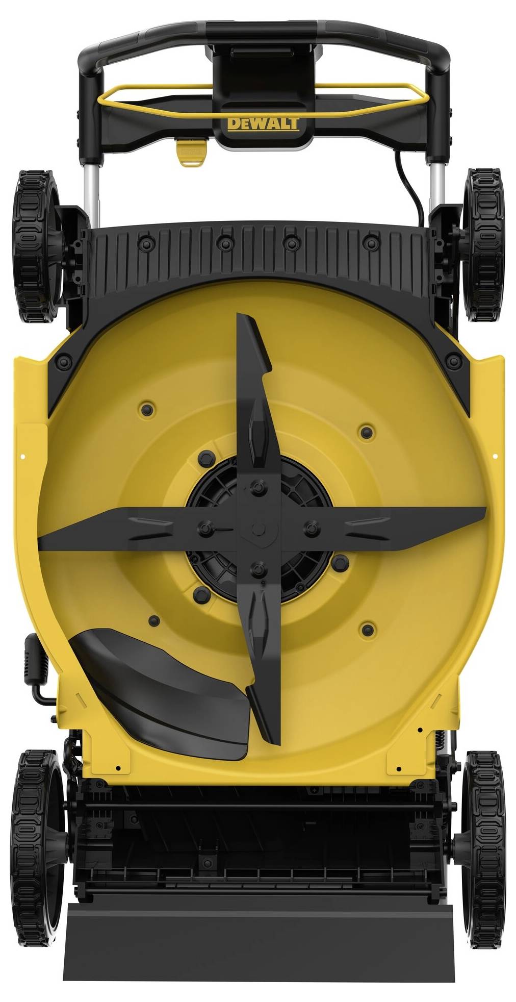 'Kosiarka widziana od dołu; żółta obudowa, czarne ostrze i widoczne koła. Projekt przedstawia zasadę działania i rozmieszczenie poszczególnych elementów.'