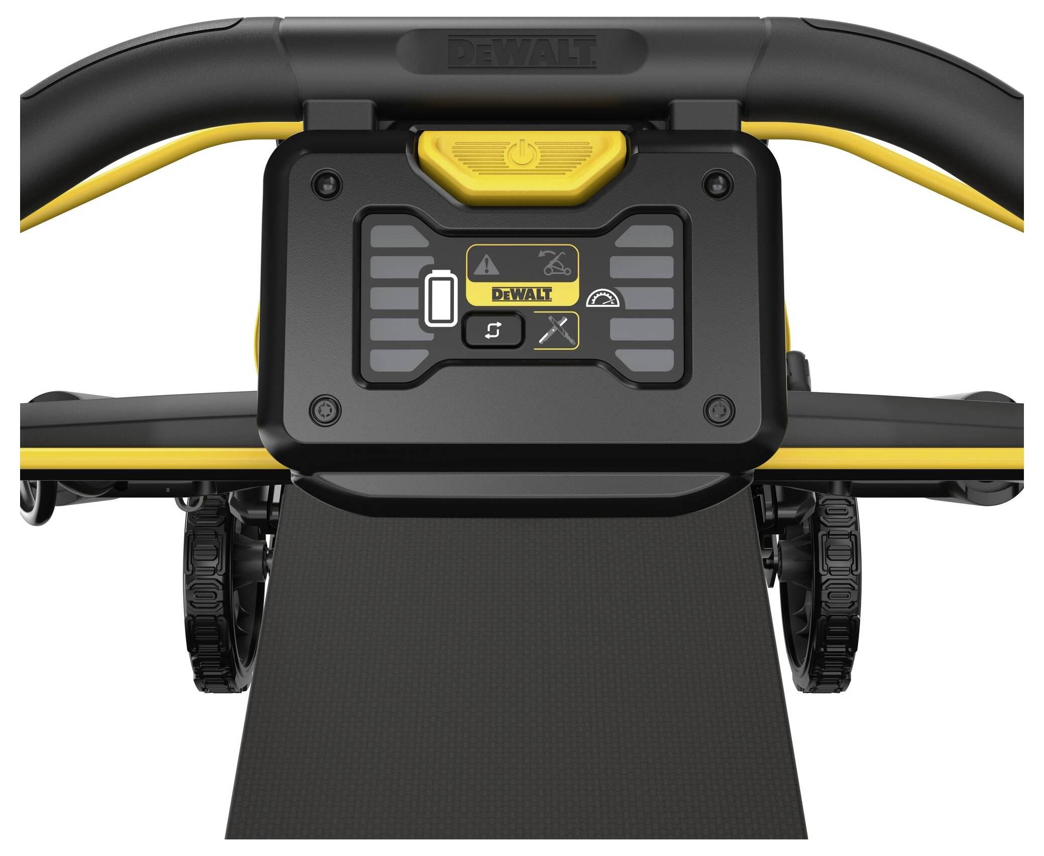 Obraz przedstawia panel sterowania urządzenia, prawdopodobnie bieżni, z żółtym włącznikiem sieciowym i małym wyświetlaczem.